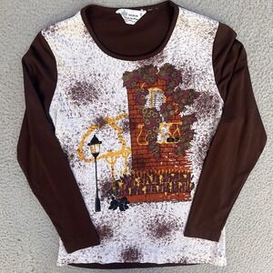 Vintage Kmart Nylon Long Sleeve Lightweight Short Brick Wall Poodle Scene Sz S